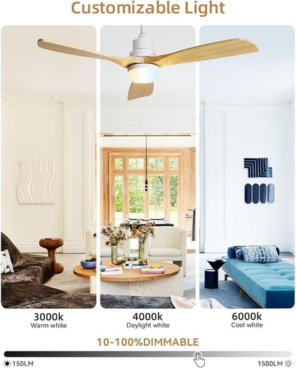 Sofucor 52 Inch Smart Ceiling Fans with Lights and Alexa/Google Assistant/APP/Remote Control-Modern Solid Wood Outdoor 3 Blades Ceiling Fan for Bedroom Living Room Indoor Farmhouse Patio, Natural Wood