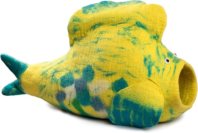 Luxurious Eco-Friendly Merino Wool Cat Cave Bed Fish Design - Foldable Hideaway Pod for Indoor Cats - Premium Felt Kitten Beds - Covered Cat House for Ultimate Cozy Comfort by Woolygon-Mewly Pet