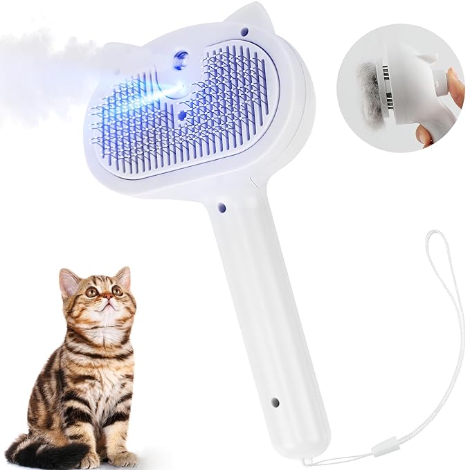 Cat Steam Brush for Shedding, 4 in 1 Steamy Cat Brush with Release Button, Self Cleaning Metal Pet Misting Hair Comb with Handle for Grooming Kitten Dog(White)-Mewly Pet