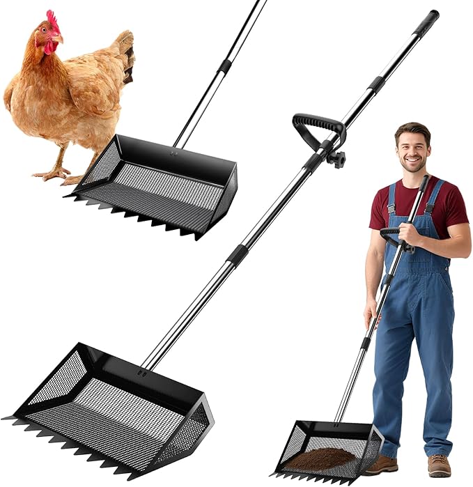 Chicken Poop Scooper & Rake 2-in-1, 304 Stainless Steel Shovel Head, Chicken Litter Scoop with Handle for Chicken Coop & Pet Waste Cleaning, Litter Sifting Shovel (35 to 65") US Patent Pending (Black)-Mewly Pet