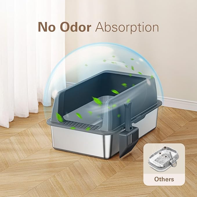 Zarler Stainless Steel Litter Box with Lid, Extra Large Cat Litter Boxes, XL Large Metal Litter Box for Big Cats with High Sided, Grey (Non-Sticky, Easy to Clean, Anti-Urine Leakage)-Mewly Pet