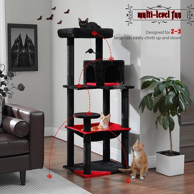 PETEPELA 56.3" Gothic Cat Tree for Indoor Cats, Tall Cat Tower with Super Large Hammock (20"X16"), Sisal Covered Scratching Posts, Cozy Condo and Top Perch Black-Mewly Pet