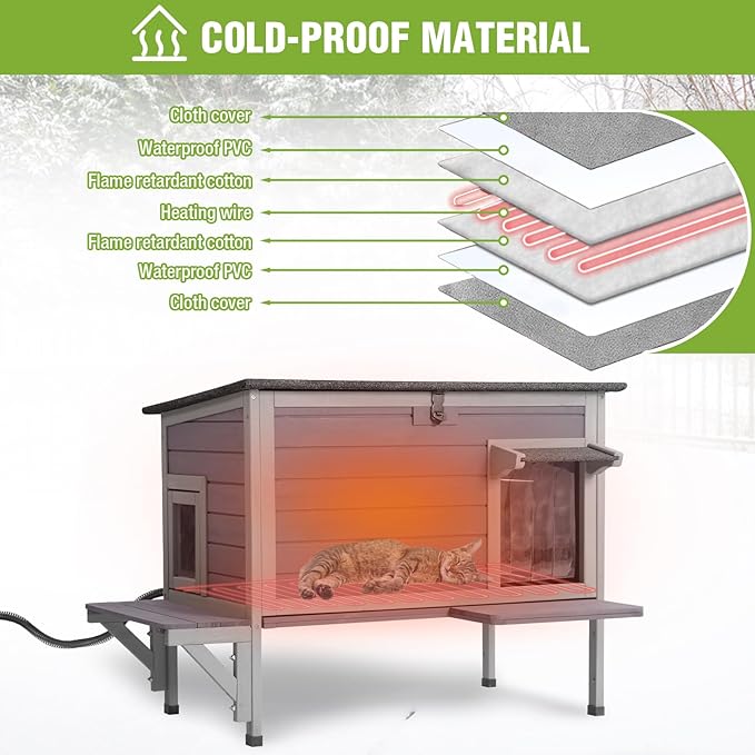 GUTINNEEN Heated Cat House Outdoor Cat House Insulated Weatherproof Feral Cat Shelter with Heated Pad and All-Round Thermal Liner for 1-3 Cats (Winter-Ready)-Mewly Pet