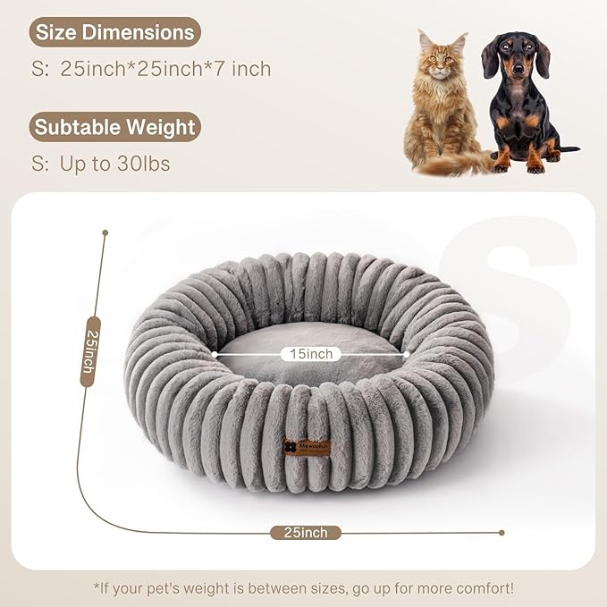 MEWOOFUN Donut Dog Beds for Small Dog, Calming Bed Round Cute Puppy Bed with Non-Slip Bottom, Fluffy Washable Pet Bed for Puppy and Kitten (Grey, S (25x25x7))-Mewly Pet