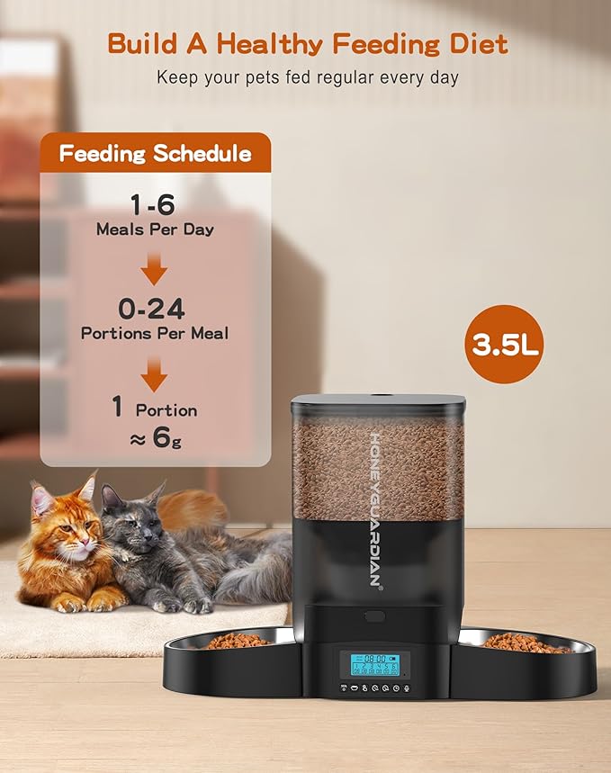 HoneyGuaridan 3.5L Automatic Cat Feeder for Two Cats, Food Dispenser with Stainless Steel Bowl,Timed Cat Feeder Programmable 1-6 Meals Control, Dual Power Supply,10s Meal Call Black-Mewly Pet