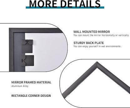 Black Bathroom Mirror for Wall, 30x60 Inch Rectangle Mirrors with Metal Frame, Modern Vanity Wall Mirror Decor for Entryway Hangs, Bathroom Living Room Horizontal or Vertical