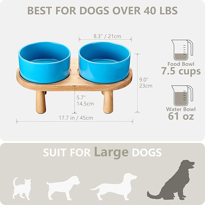 Ceramic Elevated Dog Bowls, Pet Food and Water Bowl Set for Large Dogs, 7.5 Cups Dog Bowls Raised with Wood Stand, 61OZ, Blue-Mewly Pet