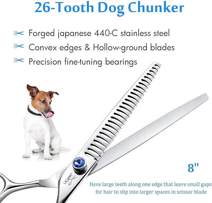 JASON 8" 26 Tooth Chunkers Shears for Dogs Ergonomic Cats Grooming Scissors Texturizing Blending Thinning Shear Pets Trimming Kit with Offset Handle Sharp Comfortable Scissor-Mewly Pet
