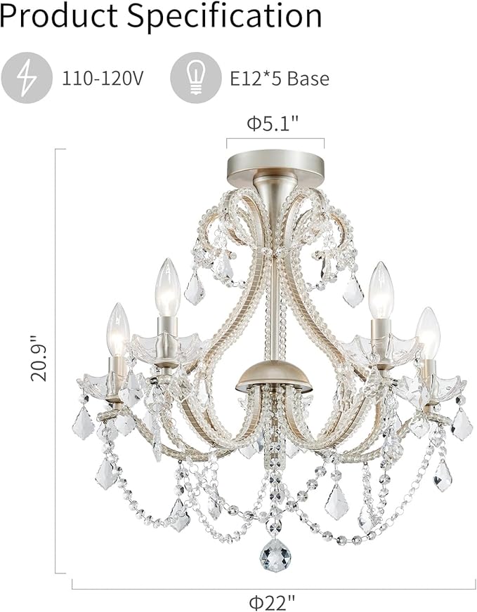 WUZUPS 5-Light Crystal Candle Chandelier Flushmount Ceiling Light Modern Lighting Fixture for Bedroom Hallway Bar Kitchen Bathroom, H 20.9" W 22", E12 Base, Brushed Nickel