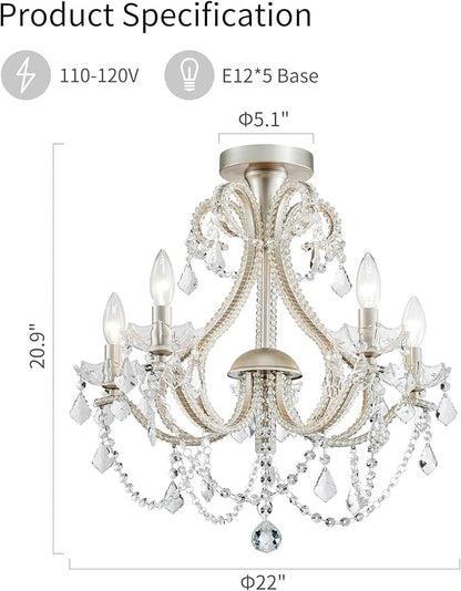 WUZUPS 5-Light Crystal Candle Chandelier Flushmount Ceiling Light Modern Lighting Fixture for Bedroom Hallway Bar Kitchen Bathroom, H 20.9" W 22", E12 Base, Brushed Nickel
