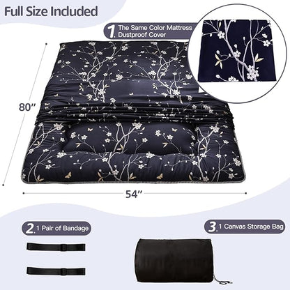 MAXYOYO Japanese Futon Mattress Floor Mattress Sleeping Pad Foldable Bed Roll Up Camping Cushion Floor Lounger Bed Couches and Sofas Couch Topper, Navy Floral, Full Size
