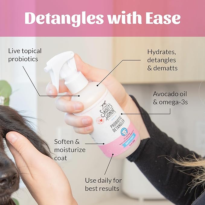 Skout's Honor Pet Detangler Spray - Hydrating & Conditioning with Avocado Oil & Probiotics, 97% Natural, Paraben & Sulfate-Free, softens for a More brushable Coat, Daily Use, 8oz, Happy Puppy-Mewly Pet