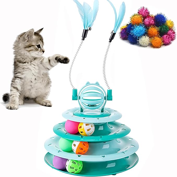Vealind Cat Toy Roller 4-Level Turntable Cat Toys Balls with Colorful Pom Pom Balls Interactive Fun Mental Physical Exercise Puzzle Kitten Toys (Green)-Mewly Pet