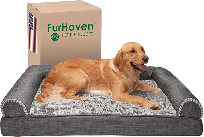 Furhaven Cooling Gel Dog Bed for Large Dogs w/ Removable Bolsters & Washable Cover, For Dogs Up to 95 lbs - Luxe Faux Fur & Performance Linen Sofa - Charcoal, Jumbo/XL-Mewly Pet