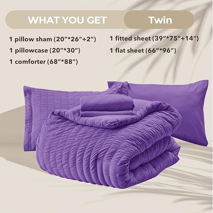 HYMOKEGE Dark Purple Twin Comforter Set Seersucker 5 Pieces, All Season Luxury Bed in a Bag for Bedroom, Bedding Set with Comforter, Sheets, Pillowcase & Sham