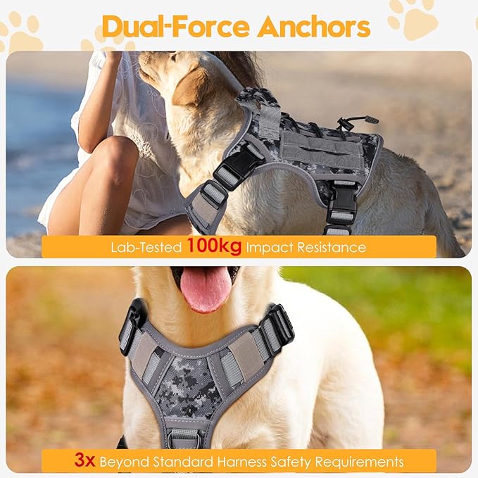 Heavy-Duty Tactical Dog Harness for Large Dogs, No Pull Adjustable Reflective Pet Vest with Molle System, K9 Military-Grade Control for Service Training, Outdoor & 10+ Breeds, Gray Camo, Medium-Mewly Pet