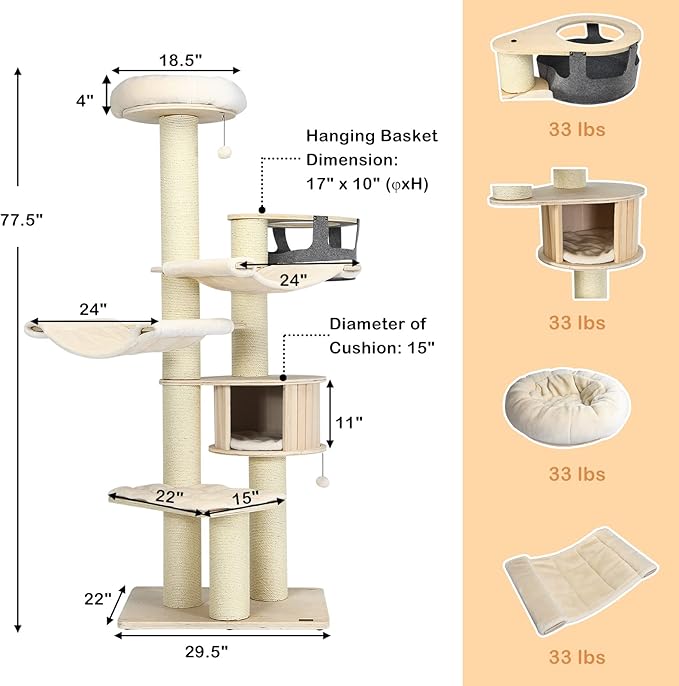 PETSITE 77.5" Tall Cat Tree, Multi-Level Modern Cat Tower with Sisal Scratching Posts, Top Perch, Cat Condo, Hammocks, Hanging Basket, and Jingling Balls, Cat Tree Tower for Indoor Cats Large Adult-Mewly Pet