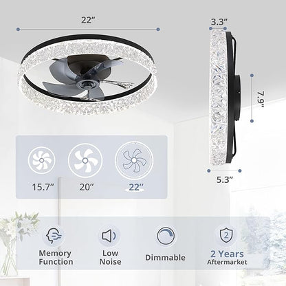 LEDIARY 22" Modern Ceiling Fans with Lights and Remote, Dimmable Low Profile Ceiling Fan, Flush Mount Ceiling Fan, Stepless Color Temperature Change and 6 Speeds - Black