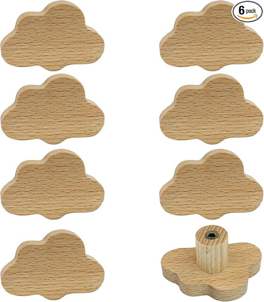 6 Pack Cloud Wooden Knobs, Decorative Wood Dresser Knobs Boho Cabinet Handles, Room Handles for Nursery Decor(Small)