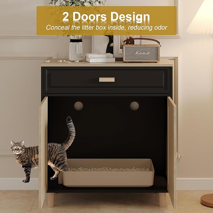 Cat Litter Box Enclosure Furniture Hidden Indoor 2-in-1 Wooden Cat House & Washroom Cabinet with Scratching Board Doors and Drawer, 31.5"x15.7"x34.6"H - Black-Mewly Pet