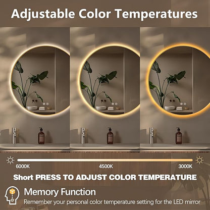 Niccy Round Led Mirror for Bathroom, 24" Backlit Mirror for Wall Circle Lighted Mirror with Gold Frame Anti-Fog, 3 Colors, HD Glass and IP65 Waterproof