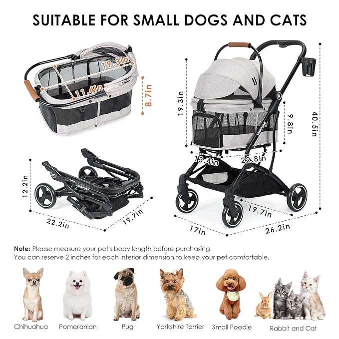 T3 3 in 1 Small Pet Stroller for Dogs & Cats, 4 Wheels for Dogs with Detachable Carrier with Pad, Canopy and Cup Holder, Grey-Mewly Pet