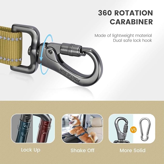 IOKHEIRA Dog Seat Belt 3-in-1 Car Harness for Dogs Adjustable Safety Seatbelt for Car Durable Nylon Reflective Bungee Fabric Tether with Clip Hook Latch & Buckle, Swivel Zinc Alloy Carabiner Green-Mewly Pet