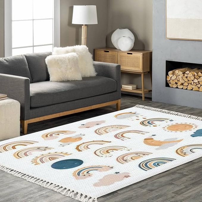 Boho Rug Hand Drawn Cute Rainbows Moon Sun Scandinavian Chic Area Rug Washable Hallway Runner Rug Meditation Mat Minimalist Home DecorLiving Room Bedroom Nursery Playroom Classroom, 4'x6