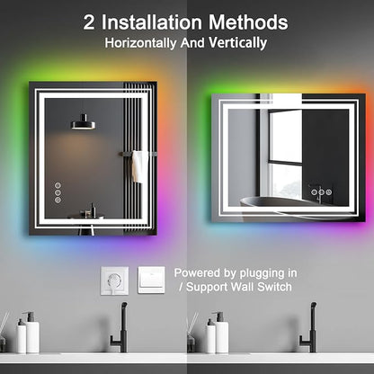 LED Mirror for Bathroom, 30"X36" with 8 RGB Backlit +3 Front Lit (Adjustable Individually), Anti-Fog, Lighted Bathroom Vanity Mirror for Wall, Shatterproof, Memory Function, Tempered Glass