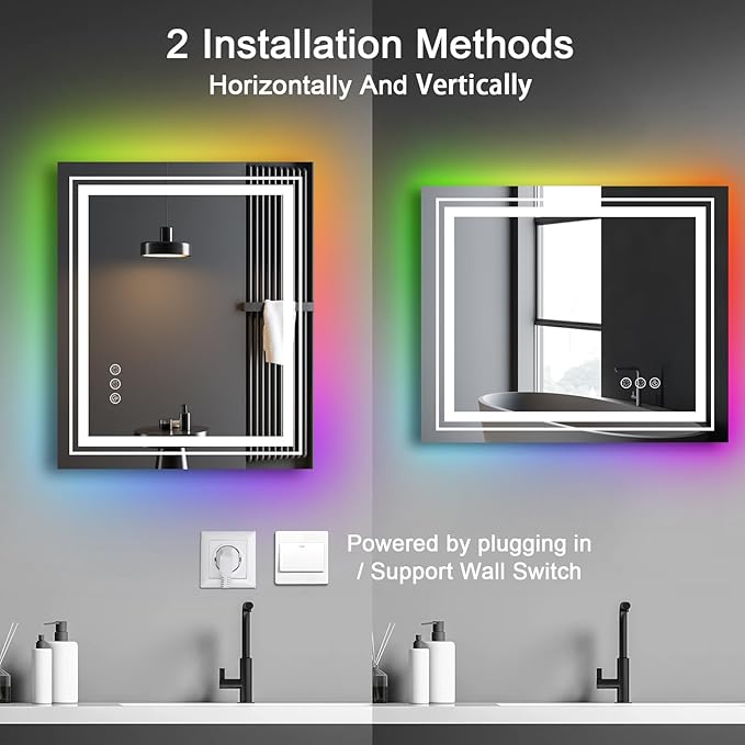 LED Mirror for Bathroom, 48"X30" with 8 RGB Backlit +3 Front Lit (Adjustable Individually), Anti-Fog, Large Lighted Bathroom Vanity Mirror for Wall,Shatterproof,Memory Function,Tempered Glass