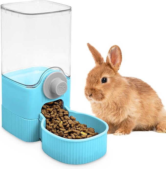 Fhiny Rabbit Food Dispenser, 40oz Large Capacity Hanging Gravity Bunny Feeder for Cage Automatic Guinea Pig Feeding Bowls Pet Food Storage for Guinea Pig Bunny Ferret Chinchilla Cat Puppy-Mewly Pet