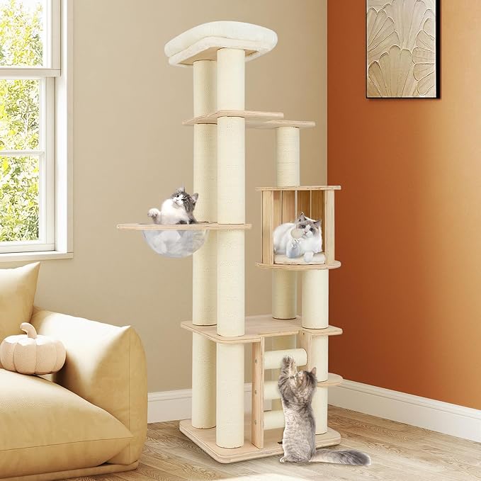 Tangkula 71” Tall Cat Tree, Multi-Layer Wood Cat Tower with Scratching Posts, Perch, Condo, Space Capsule, Ladder, Dangling Ball, Washable Cushions, Modern Cat Tree Tower for Indoor Cats Large Adult-Mewly Pet