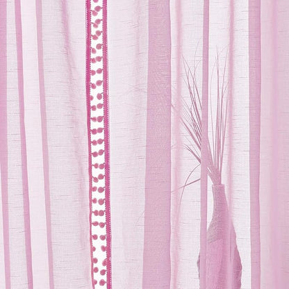 Treatmentex Sheer Curtains for Bedroom Nursery Room Pink 72 inches Long Linen Texture Slub Pom Pom Voile for Windows 52" W x 2 Panels Rod Pocket