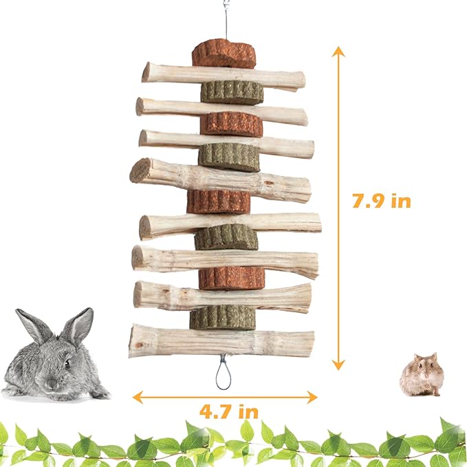 4 PCS Rabbit Chew Toys for Teeth Grinding, Delicious Bunny Cage Hanging Chew Toys, Natural Sweet Bamboo Chew Sticks and Timothy Grass Cake Hay Treats Maintaining Healthy Teeth for Rabbits-Mewly Pet