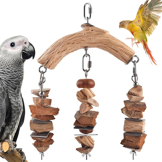 Bird Parrot Toys, Large Birds Wooden Chew Blocks with Stainless Steel Cage Hanging Bite Toy for Macaws, African Greys, Cokatoos, Amazon Parrots and Small Medium Parakeets-Mewly Pet