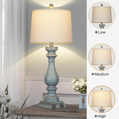 29" Tall Table Lamp for Living Room Set of 2,Coastal Bedside Nightstand Lamps with USB C+A Ports & AC Outlet,3-Way Dimmable Touch Control Retro Blue Desk Lamp for Bedroom,Color 3