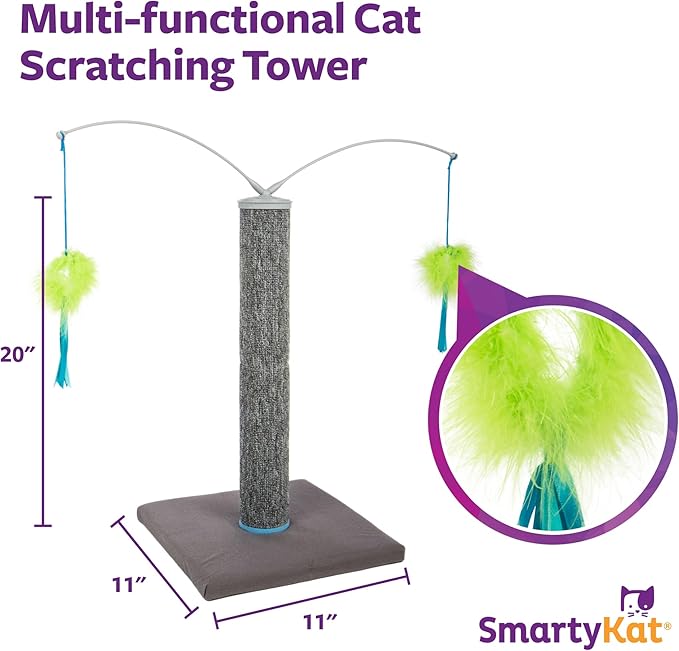 SmartyKat Scratch 'N Spin Carpet Cat Scratching Post with 2 Spinning Wand Toys, Plus 2 Replacement Wands - Gray & Blue-Mewly Pet