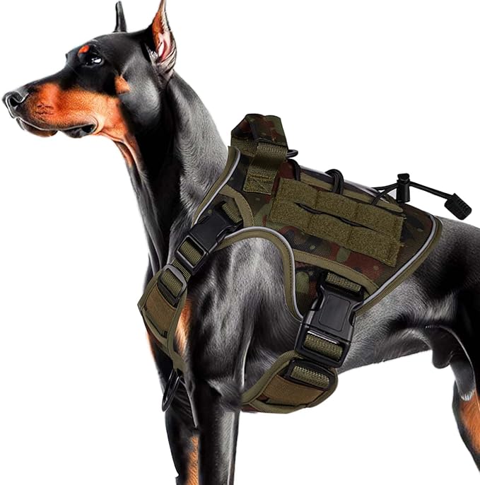 Heavy-Duty Tactical Dog Harness for Large Dogs, No Pull Adjustable Reflective Pet Vest with Molle System, K9 Military-Grade Control for Service Training, Outdoor & 10+ Breeds, Green Camo, Medium-Mewly Pet