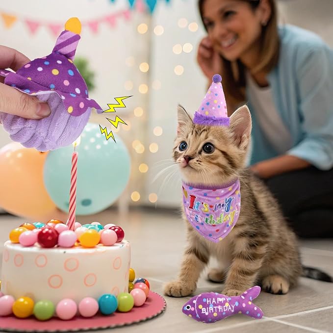 BINGPET Cat Birthday Catnip Toys for Indoor Cats,Cat Birthday Hat,Bandana and Cat Birthday Cake Interactive Plush Kitten Chew Toys,Cute Fish,Balloon Toys with Crinkle Paper and Catnip Inside(Purple)-Mewly Pet