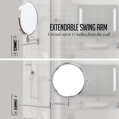 OVENTE 7" Wall Mounted Makeup Mirror with 1X/10X Magnification, Double Sided Magnifying Round Bathroom Vanity Mirror, 360° Swivel Design, Extendable and Folding Arm, Nickel Brushed MNLFW70BR1X10X