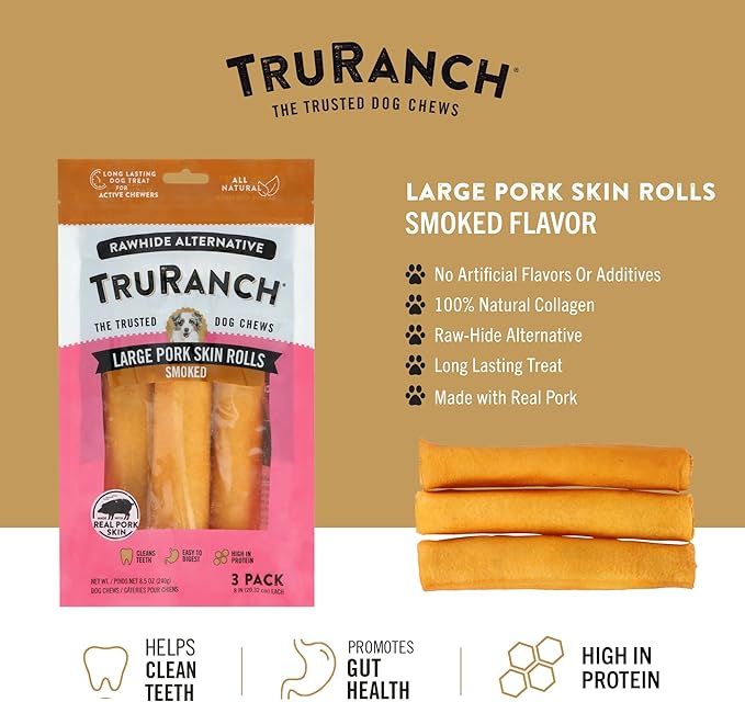 Large Pork Skin Rolls - Smoked Collagen Rolls - Collagen Chews for Dogs - Real Pork Skin - Rawhide Alternative - Easy to Digest Treat, 1 Bag, 3 Count-Mewly Pet