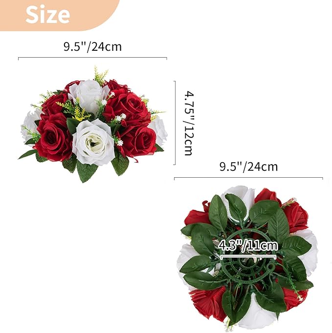 NUPTIO Artificial Flower Centrepieces for Tables - 2 Pcs Crimson & White Fake Flowers Roses Balls 9.5in Diameter - Silk Faux Rose Arrangement for Wedding Party Centerpiece Table Decorations