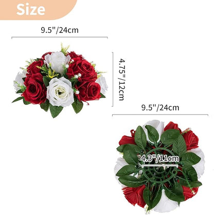 NUPTIO Artificial Flower Centrepieces for Tables - 2 Pcs Crimson & White Fake Flowers Roses Balls 9.5in Diameter - Silk Faux Rose Arrangement for Wedding Party Centerpiece Table Decorations