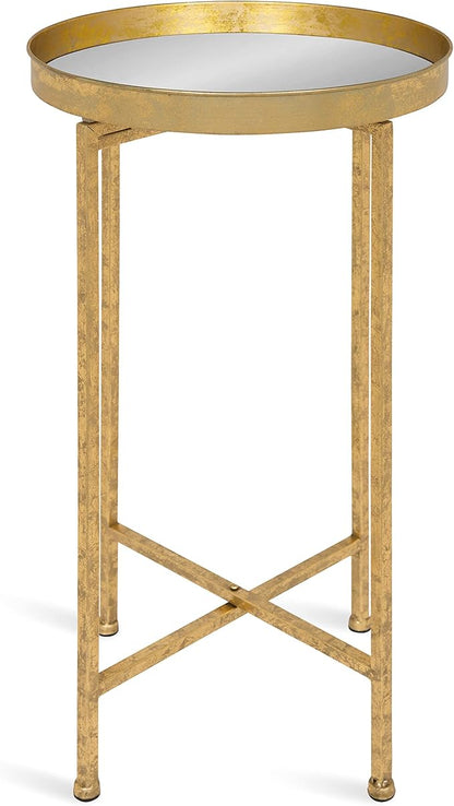 Kate and Laurel Celia Round Metal Foldable Accent Table with Mirror Tray Top, Gold