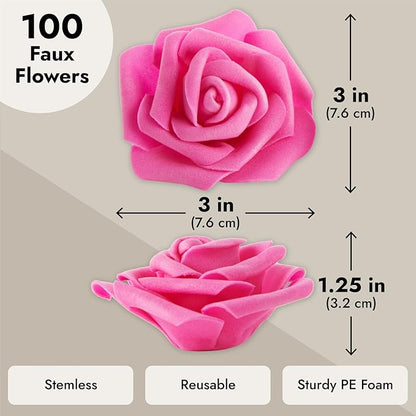Juvale Artificial Roses - 3 in Heads, 100-Pack, Hot Pink - Faux Flowers for Vase & Wedding Decor - Centerpiece Table Decorations & Bridal Bouquet