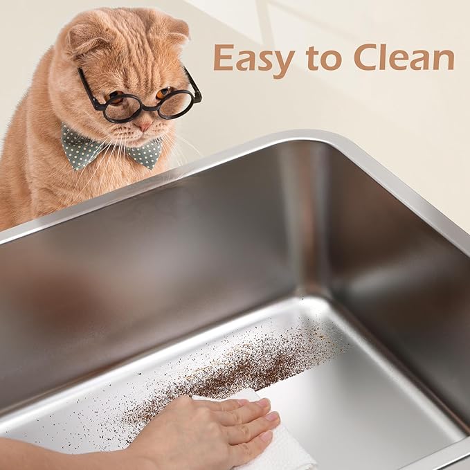 XL Stainless Steel Cat Litter Box with Lid – High Sides, Leak-Proof, Non-Stick Metal Litter Box for Large Cats – Easy to Clean, Includes Filter Pedal, Scoop & Cleaning Brush-Mewly Pet