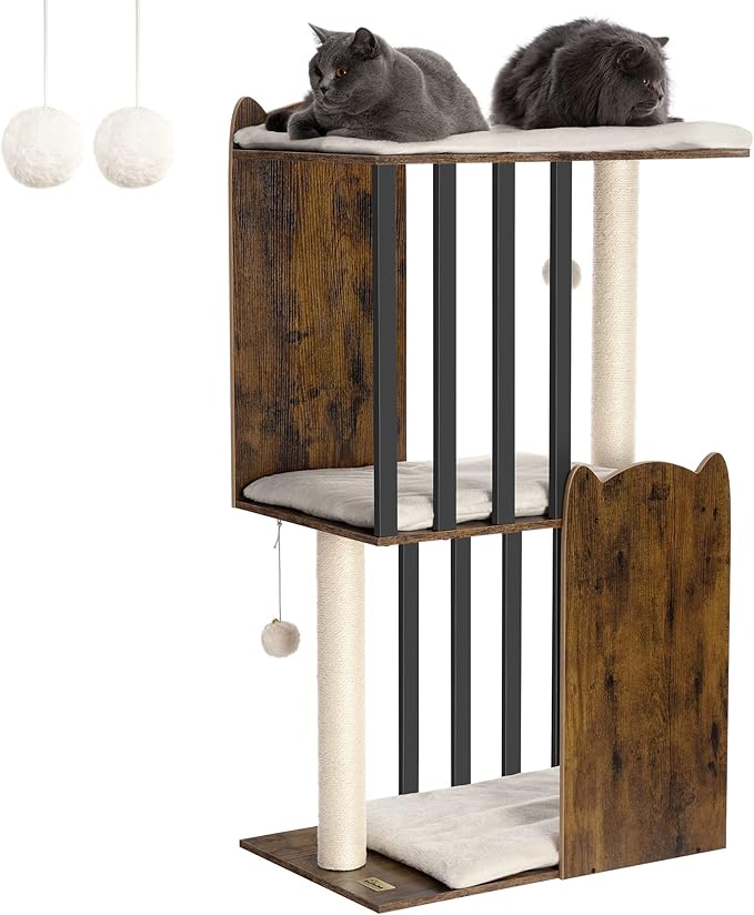 FourFurPets 43.8in 3-Tier Modern Cat Tree Tower Condo, Cat Scratch Posts for Indoor Cats, Big Plate, Two 19.7in Full Sisal Scratching Posts, Rustic Brown-Mewly Pet