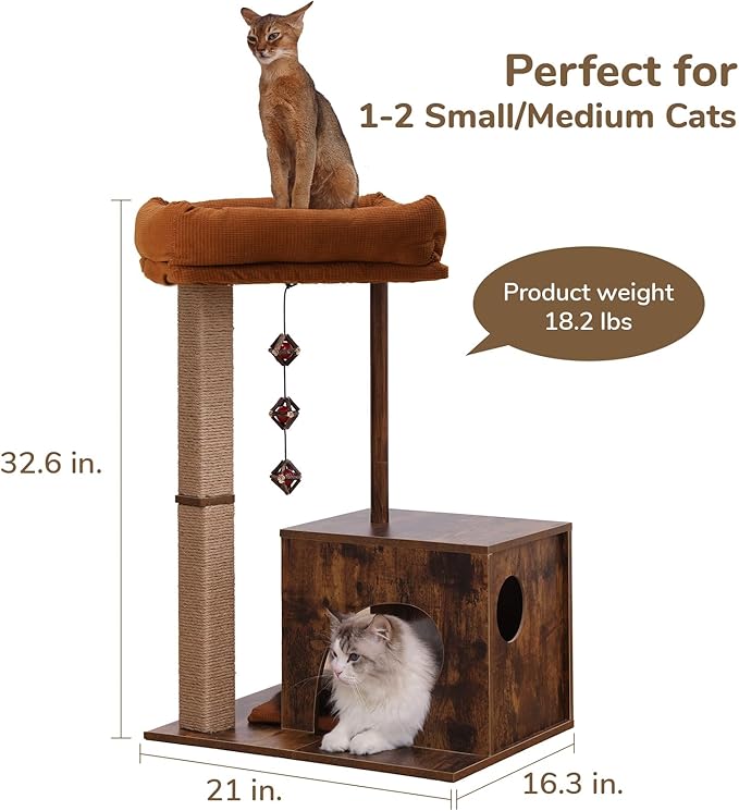 FUKUMARU Cat Scratching Post, Modern Style Cat Tree with Unique Square Post, Wooden Cat Tower with silvervine Balls, Retro Cat Condo Scratcher for Indoor Cats（Solid Wood）-Mewly Pet