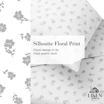 Linen Home 100% Cotton Printed Percale Sheets California King Size, Deep Pocket, 4 Pieces Set - 1 Flat, 1 Deep Pocket Fitted Sheet and 2 Pillowcases, Crisp Cool Bed Linen, Grey Silhouette Floral