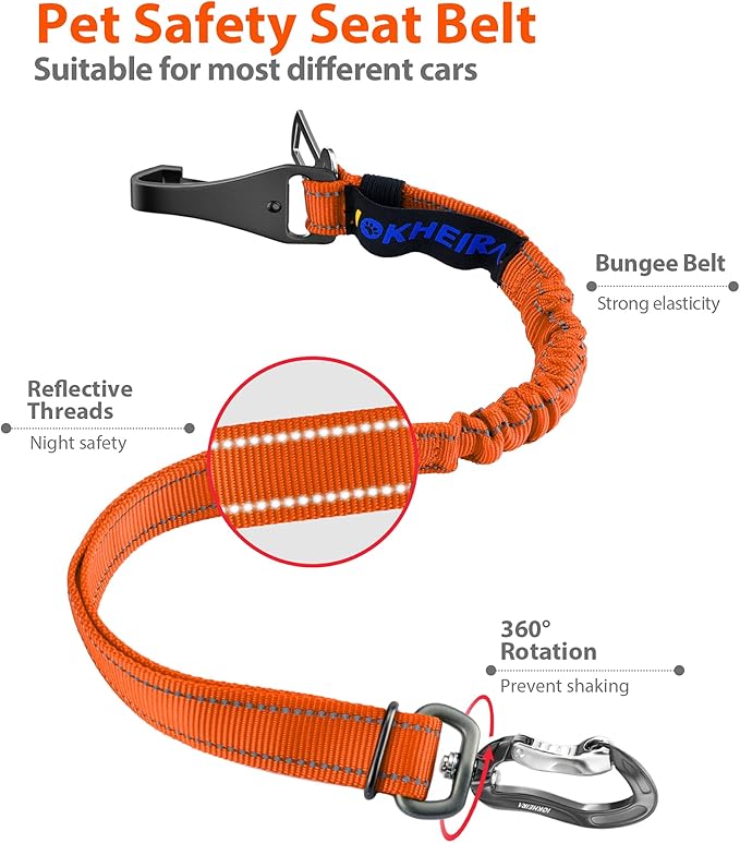 IOKHEIRA Orange Dog Seatbelt - Adjustable Reflective Bungee Harness with Aluminum Swivel Carabiner-Mewly Pet